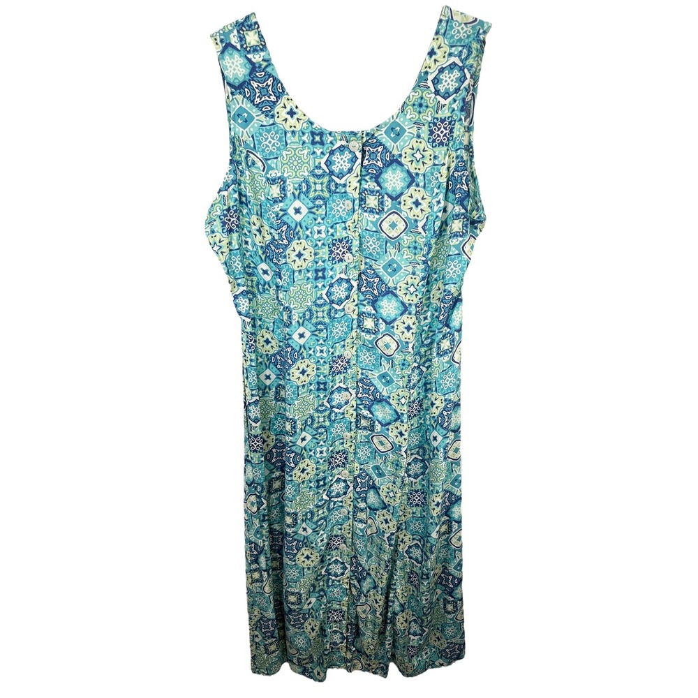 VTG Koret Large Maxi Dress Y2K Blue Tile Print Sleeveless Button Cottagecore 334